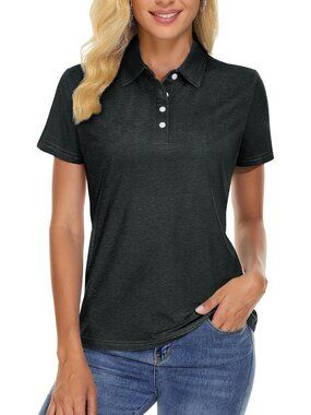 Women Black Short Sleeve Golf Shirts 4-Button Quick Dry Collared Top for Gym
